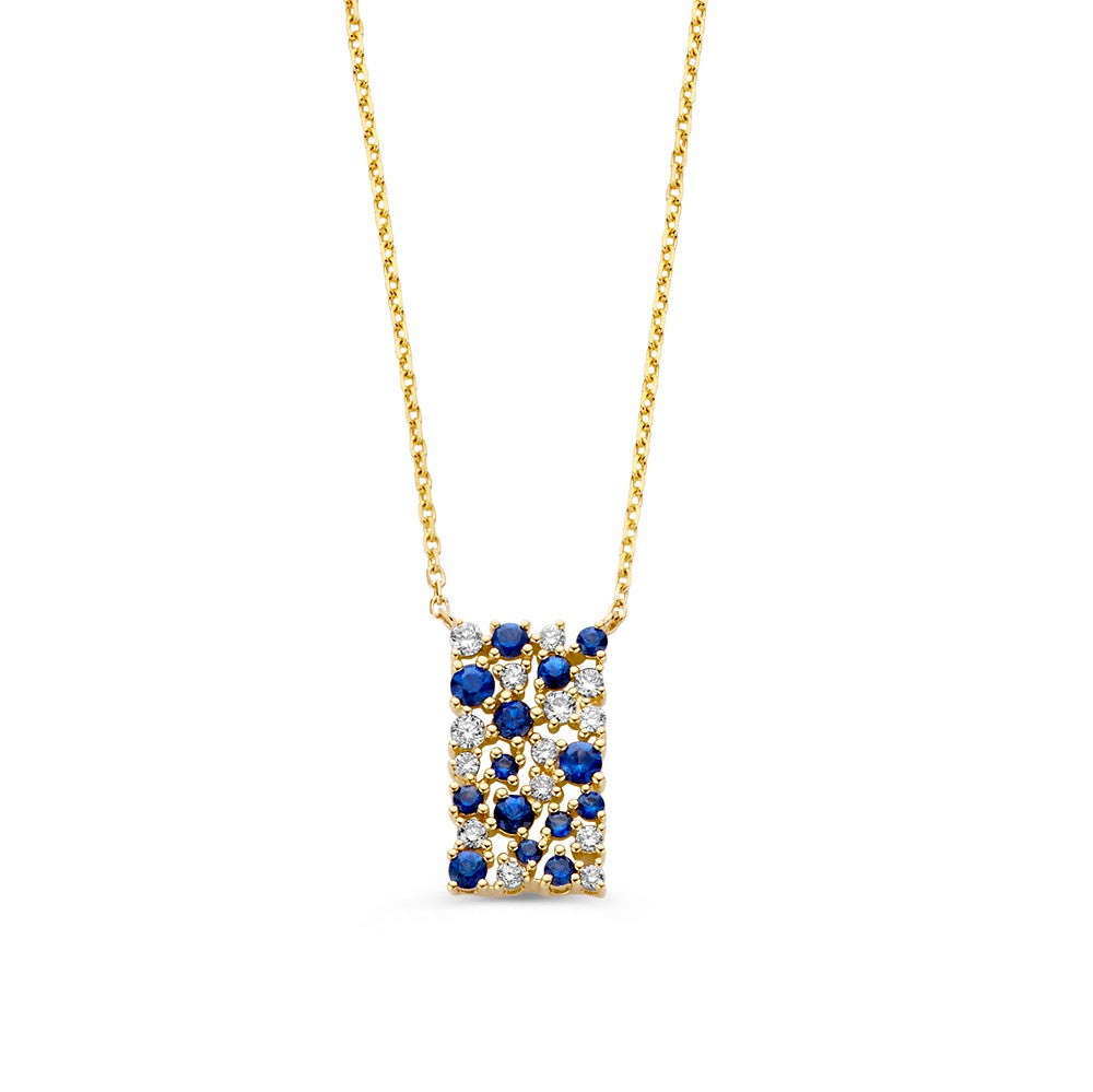 Collar de oro amarillo con zafiros y diamantes, 14 quilates, con un colgante rectangular.