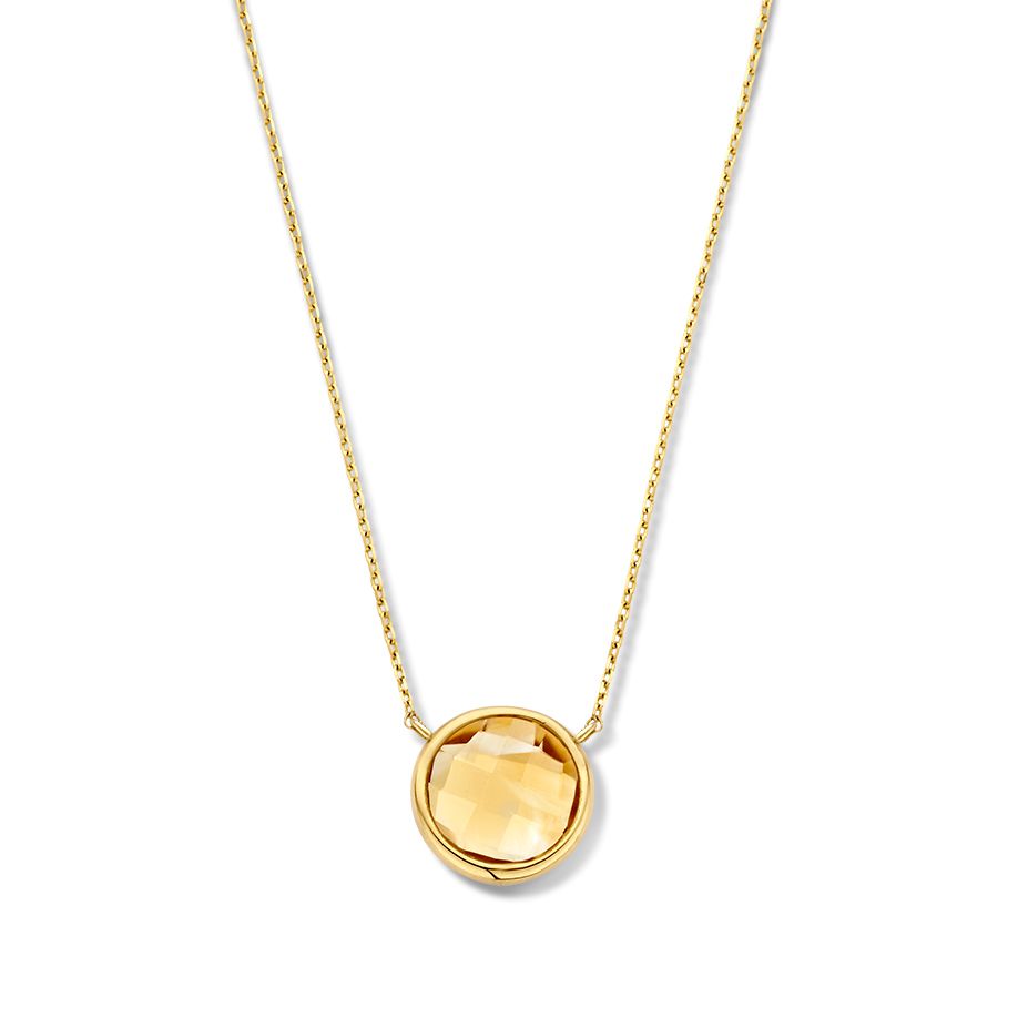 Collar de oro amarillo con colgante de citrino facetado en forma redonda.