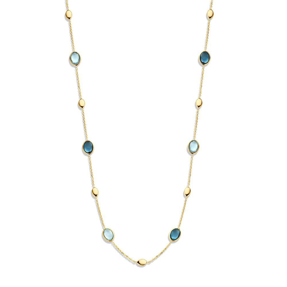 Collar de oro amarillo de 14 quilates con topacios y topacios London Blue, con piedras en forma ovalada.