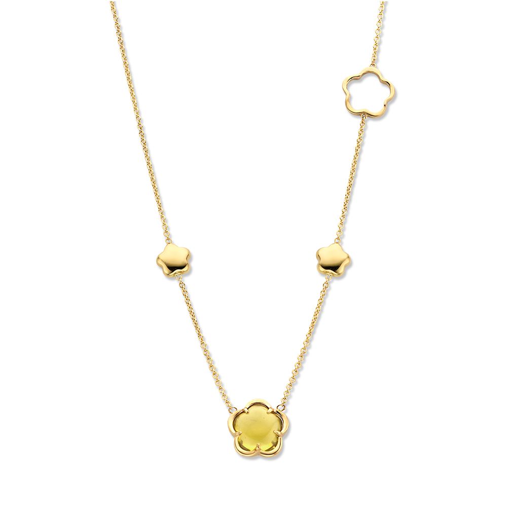 Collar de oro amarillo de 14 quilates con detalles en forma de flor y piedras de cuarzo verde.