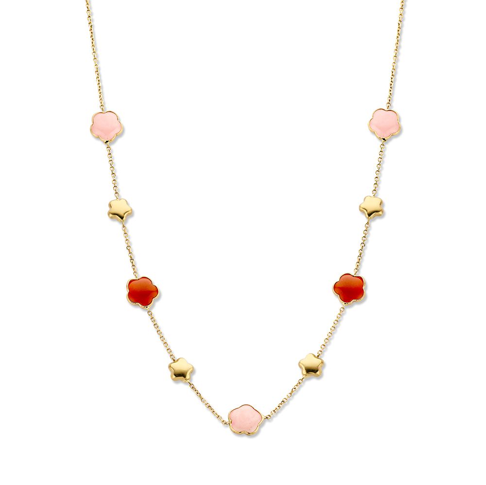 Collar de oro amarillo con piedras preciosas multicolores en forma de flor, de 14 quilates.