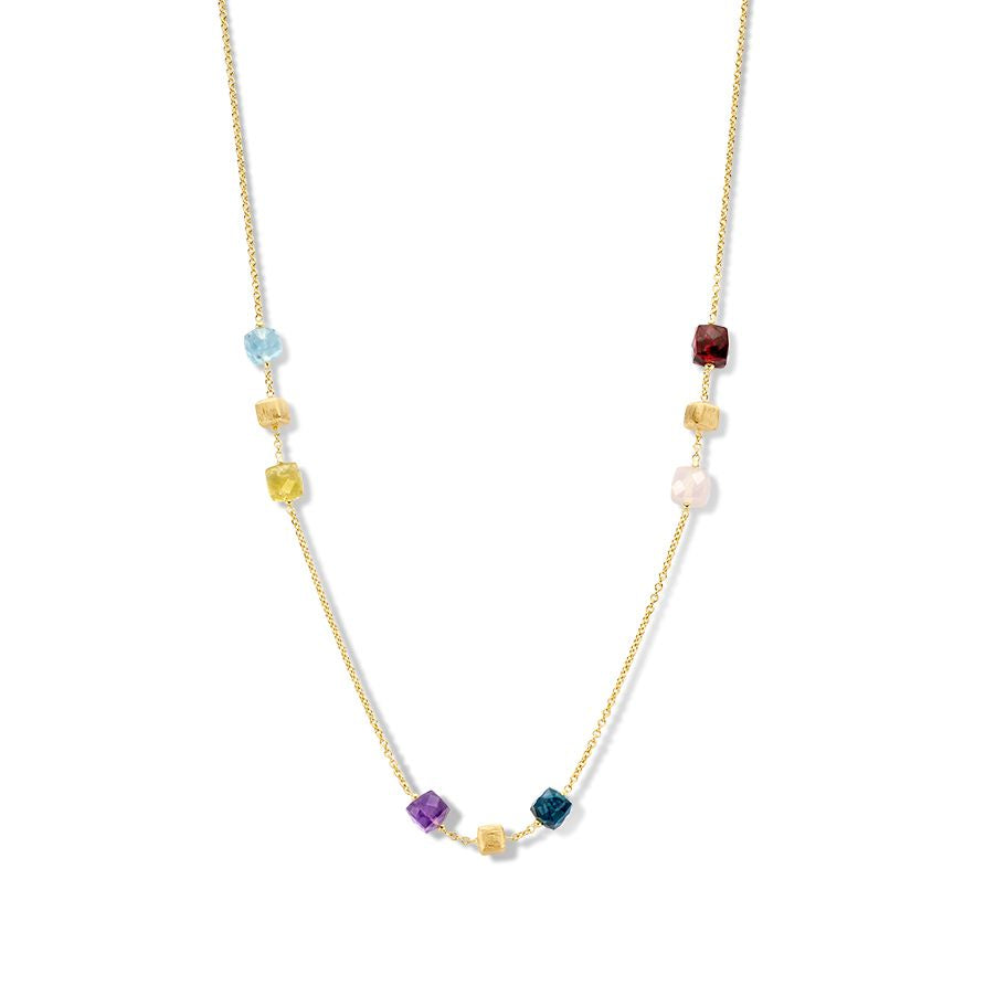 Collar de oro amarillo con elementos de oro mate y piedras preciosas multicolores.