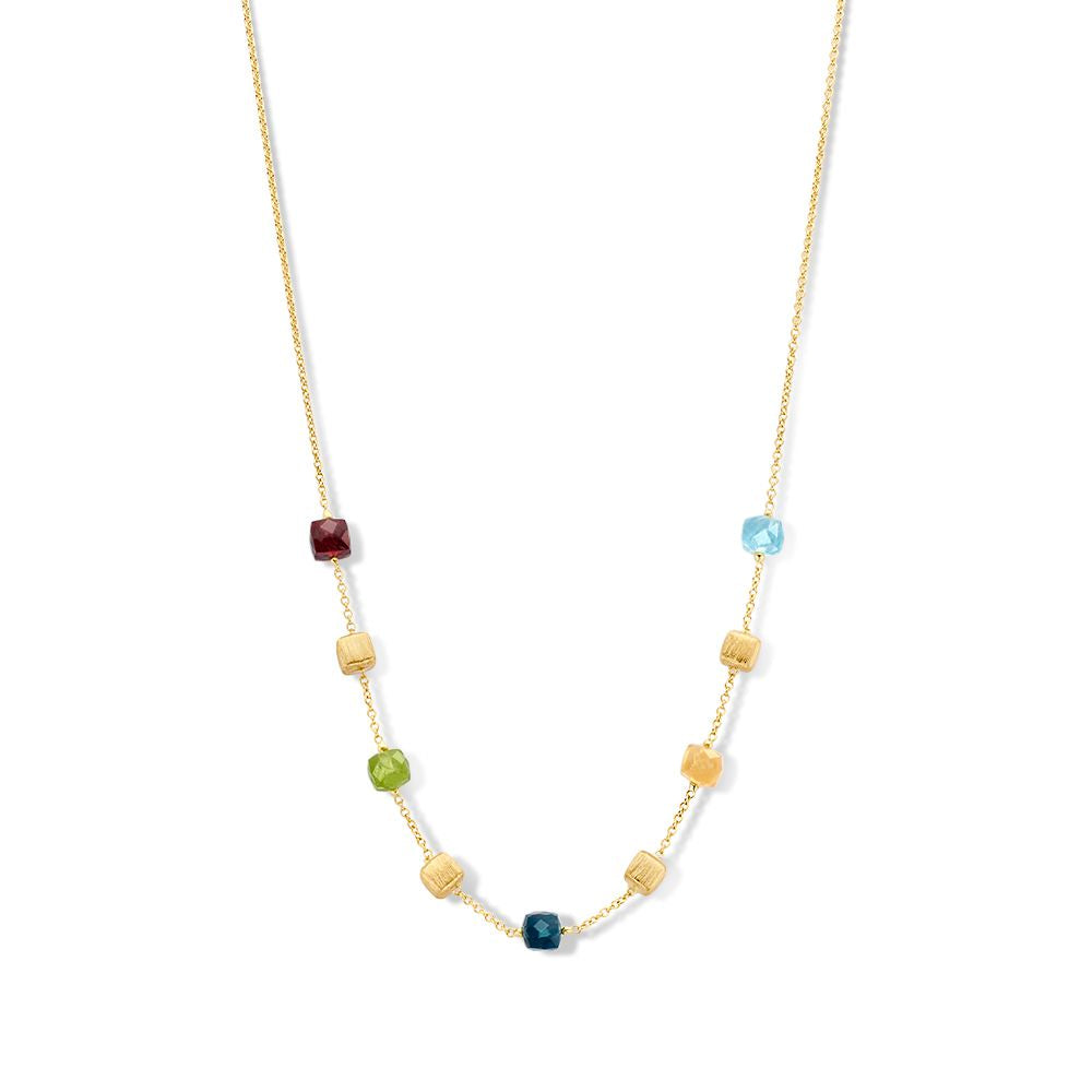 Collar de oro amarillo con bloques dorados mate y piedras preciosas multicolores.