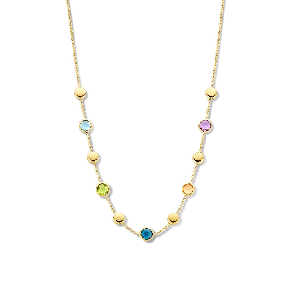 Collar de oro amarillo con piedras de colores multicolores y acentos dorados en oro de 14 quilates.