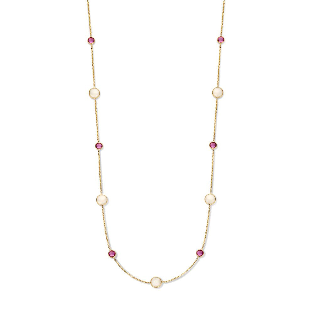 Collar de oro amarillo de 14 quilates con rubíes y piedra lunar, con eslabones alternos.