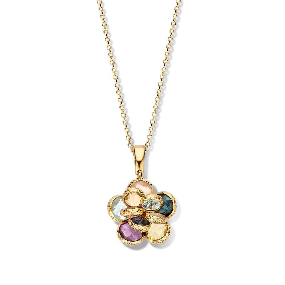 Collar de oro amarillo de 14 quilates con colgante en forma de flor y piedras preciosas multicolores.