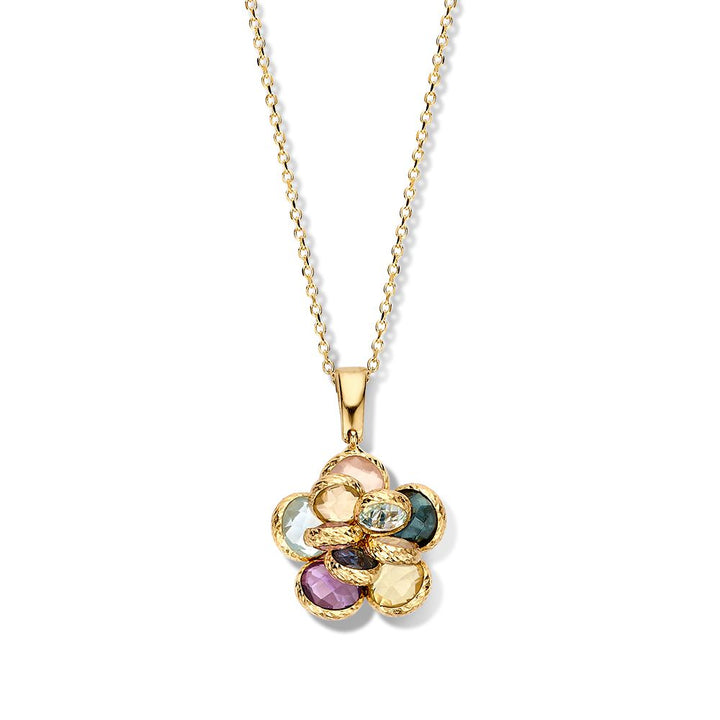 Geelgouden Collier met Bloemenhanger & Multicolor Edelstenen – 14 Karaat Goud