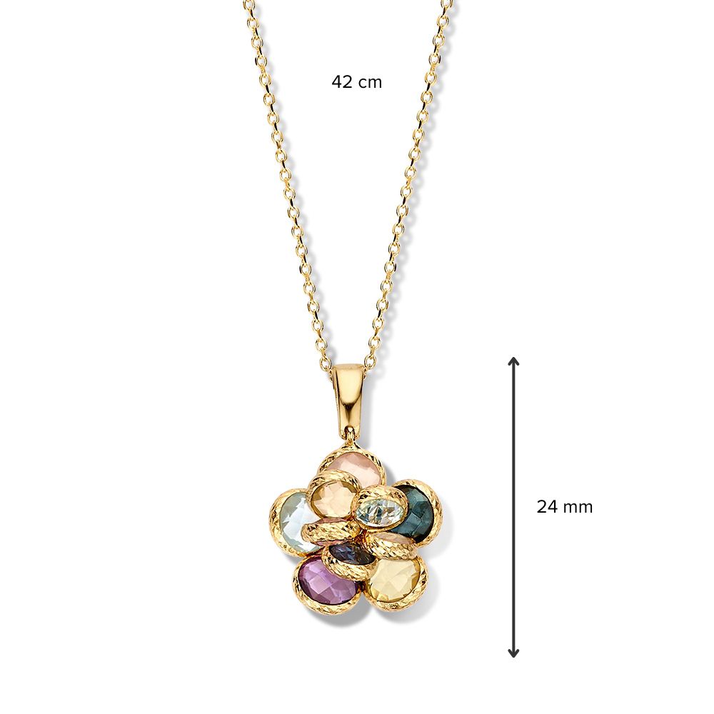 Collar de oro amarillo con colgante de flores y piedras preciosas multicolor - 14 quilates de oro