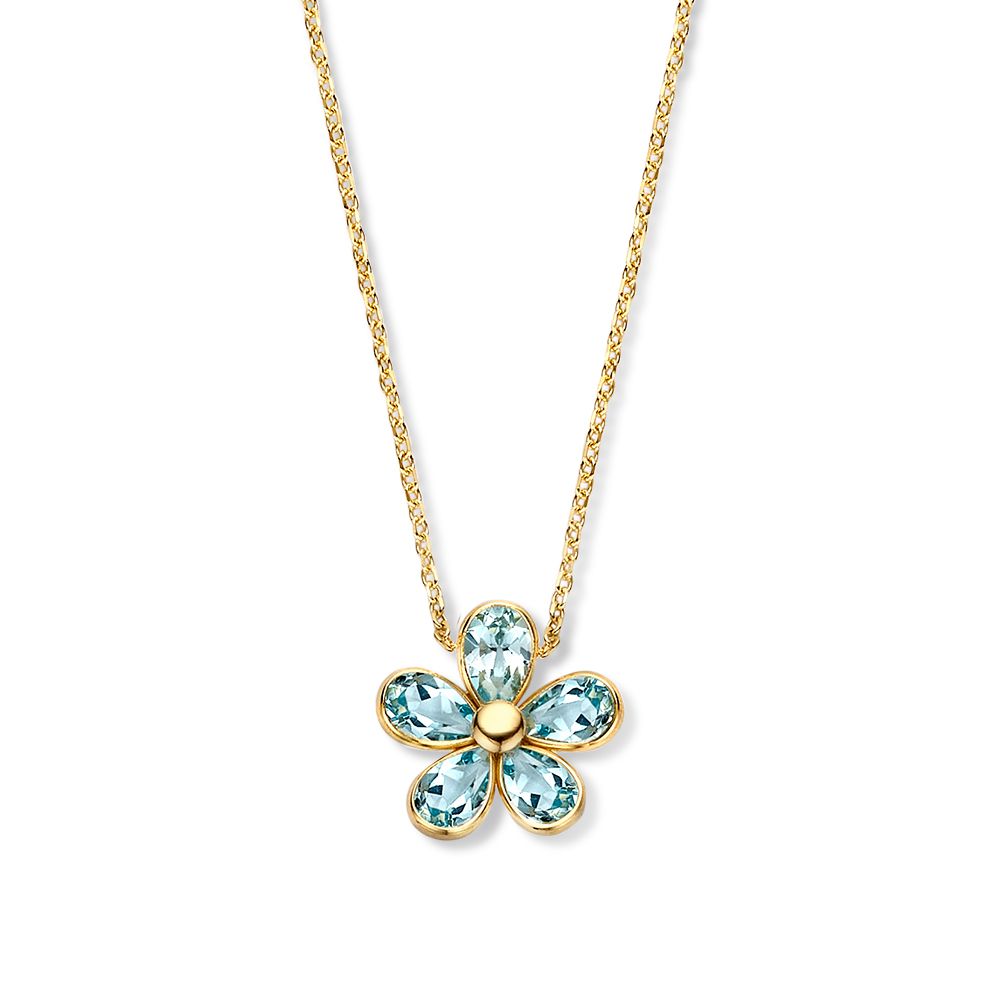 Collar de oro amarillo con colgante en forma de flor y topacio azul.