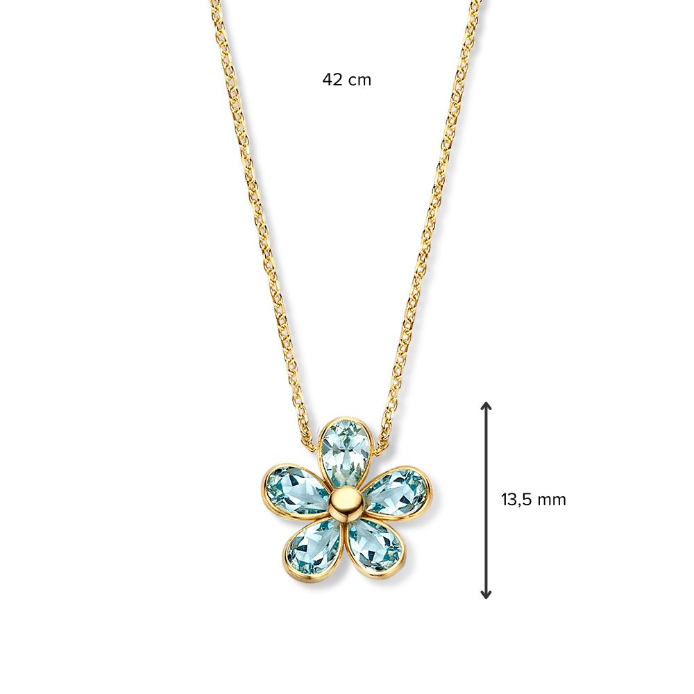 Collar de oro amarillo con colgante de flor juguetona y topacio azul – 14 quilates de oro
