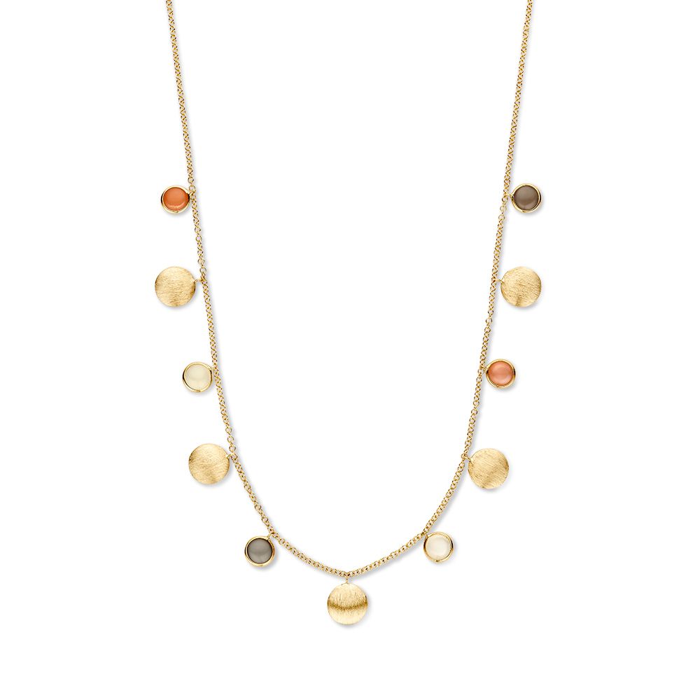 Cadena de oro amarillo con elementos dorados y piedras de luna multicolores.