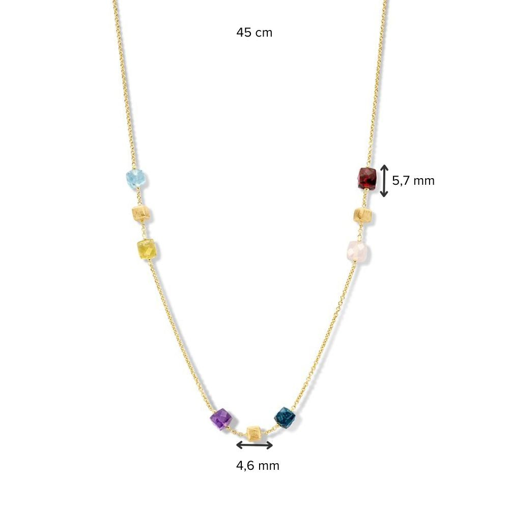 Collar de oro amarillo con elementos de oro mate y piedras preciosas multicolores - 14 quilates de oro