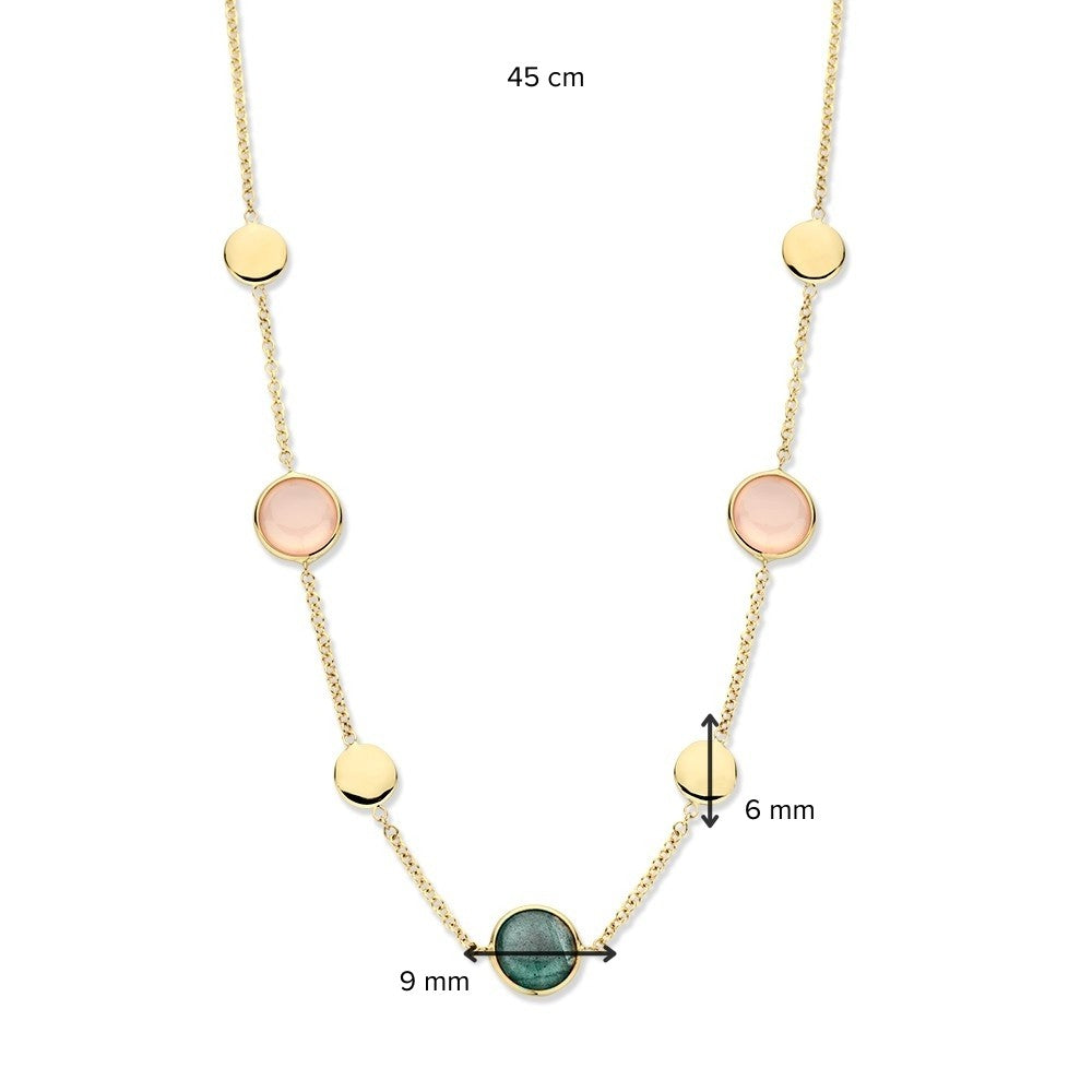 Collar de oro amarillo con labradorita y cuarzo rosa - 14 quilates de oro - piedras preciosas multicolores