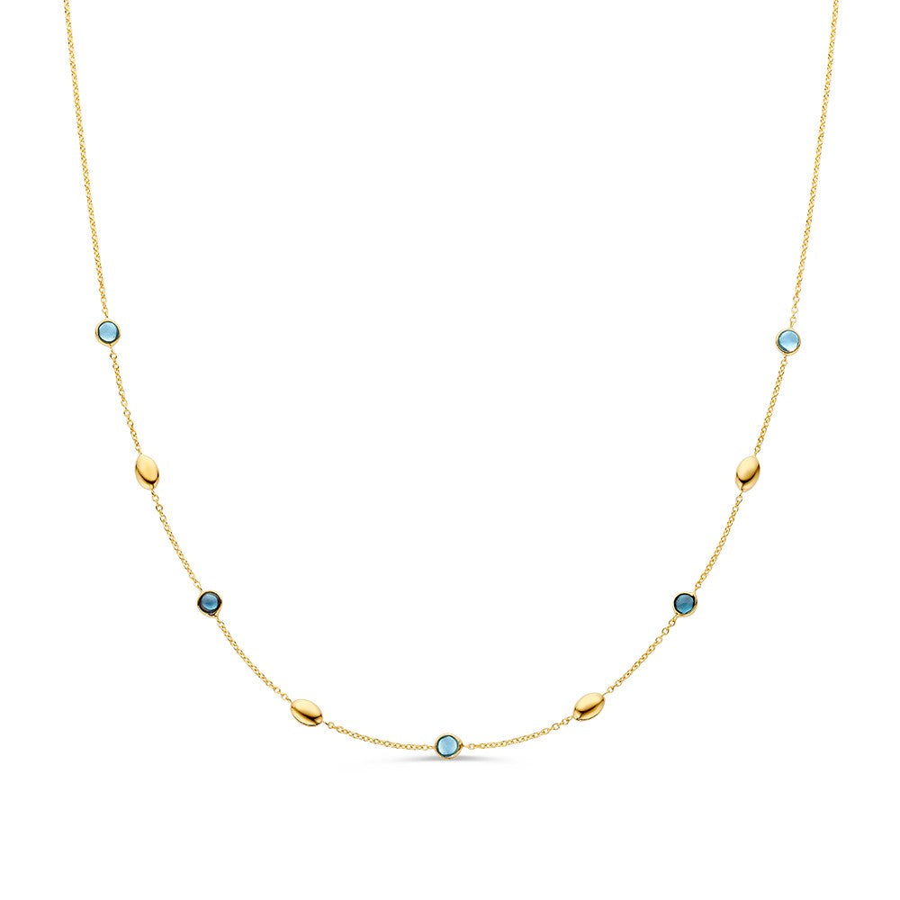Collar de oro amarillo con piedras preciosas azules y detalles ovalados.