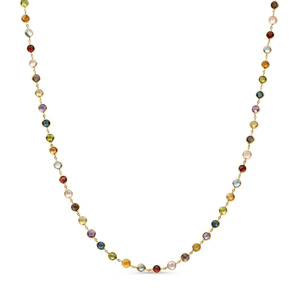 Collar de oro amarillo con piedras preciosas de colores variados.