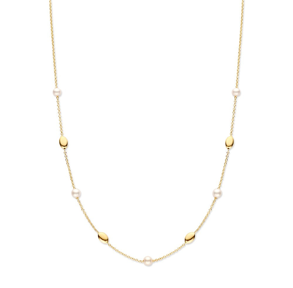 Collar de oro amarillo refinado con perlas y elementos dorados, hecho de oro de 14 quilates.