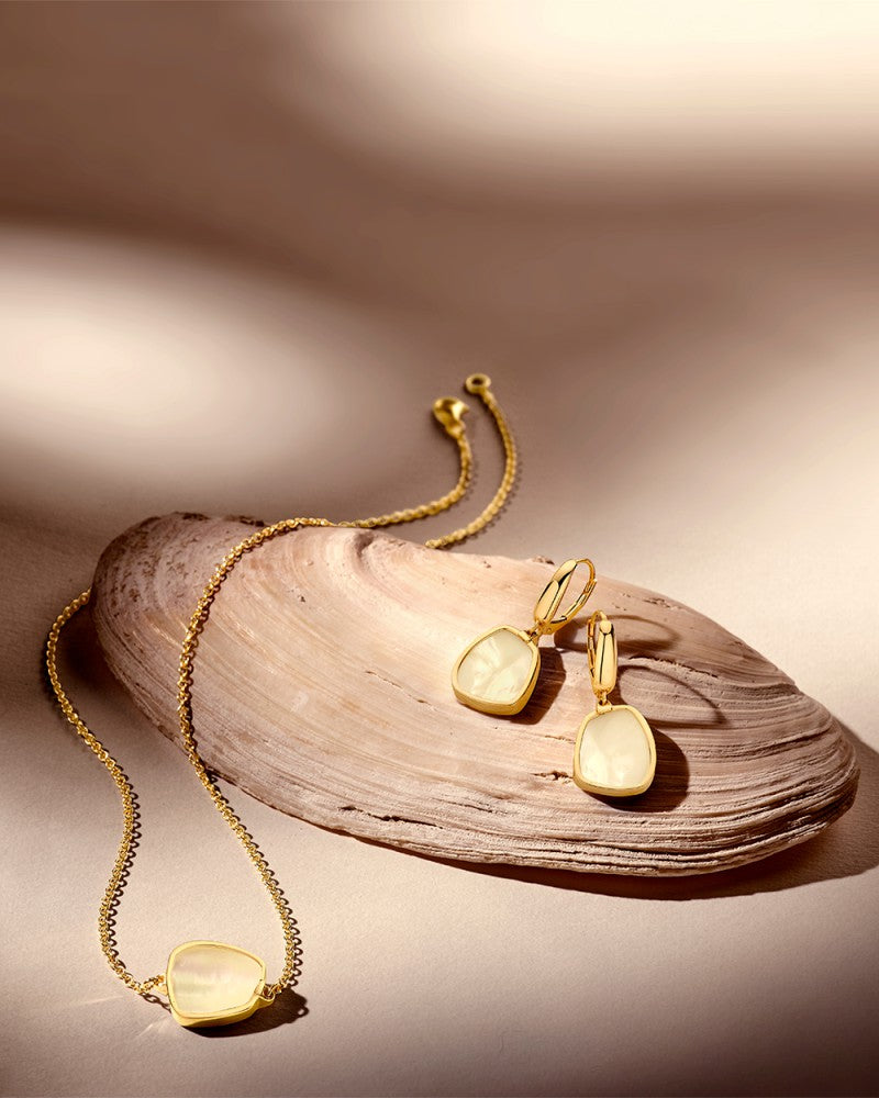 Collar de oro amarillo con eslabones de ancla redondos y colgante de nácar - Lujo de 14 quilates para de mujer