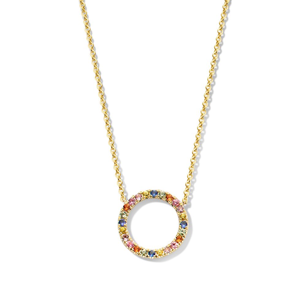 Collar de oro amarillo de 14 quilates con colgante redondo decorado con zafiros de colores.