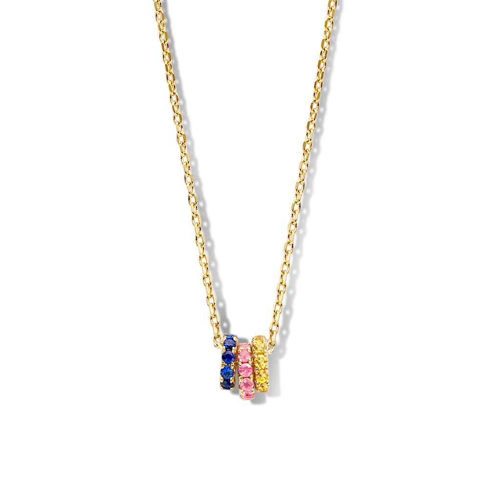 Collar de oro amarillo con tres colgantes dorados y zafiros de colores en degradado.
