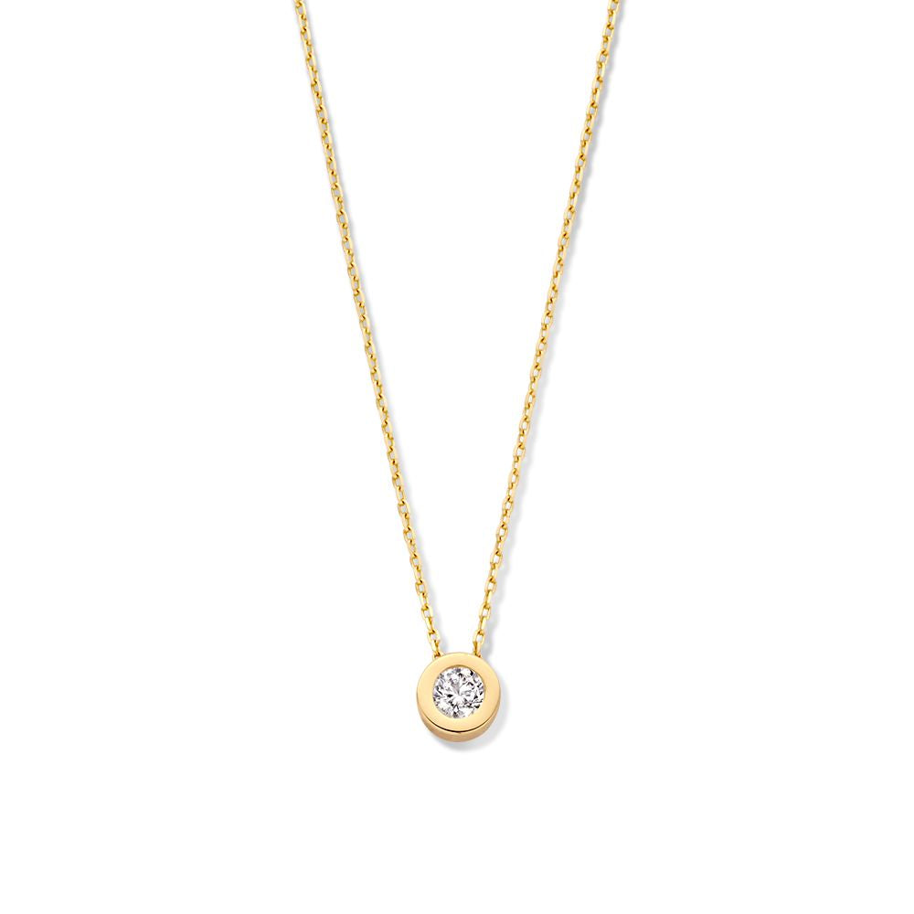 Cadena de oro amarillo con colgante solitario en caja redonda de 14 quilates.