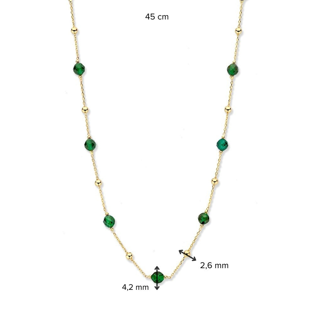 Collar de oro amarillo con bolitas de oro y circonitas verdes - 14 quilates