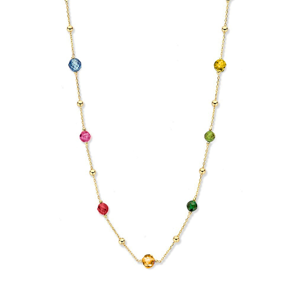 Collar de oro amarillo con circonitas de colores en forma de esfera.