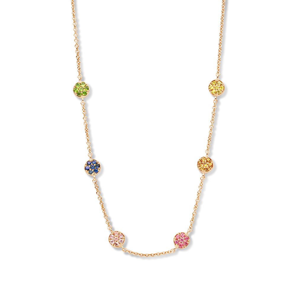Collar de oro rosado con zafiros multicolores en forma de círculos.