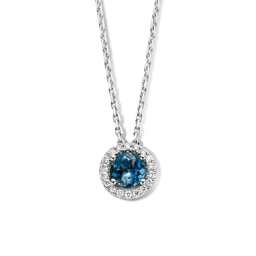 Collar de oro blanco de 14 quilates con topacio azul de Londres y diamantes, con un colgante redondo.