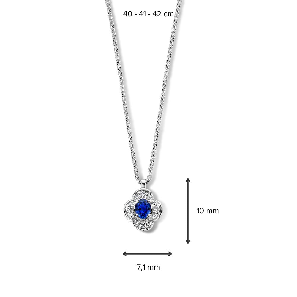 Collar de oro blanco con colgante de flor, zafiro azul y diamante - 14 quilates