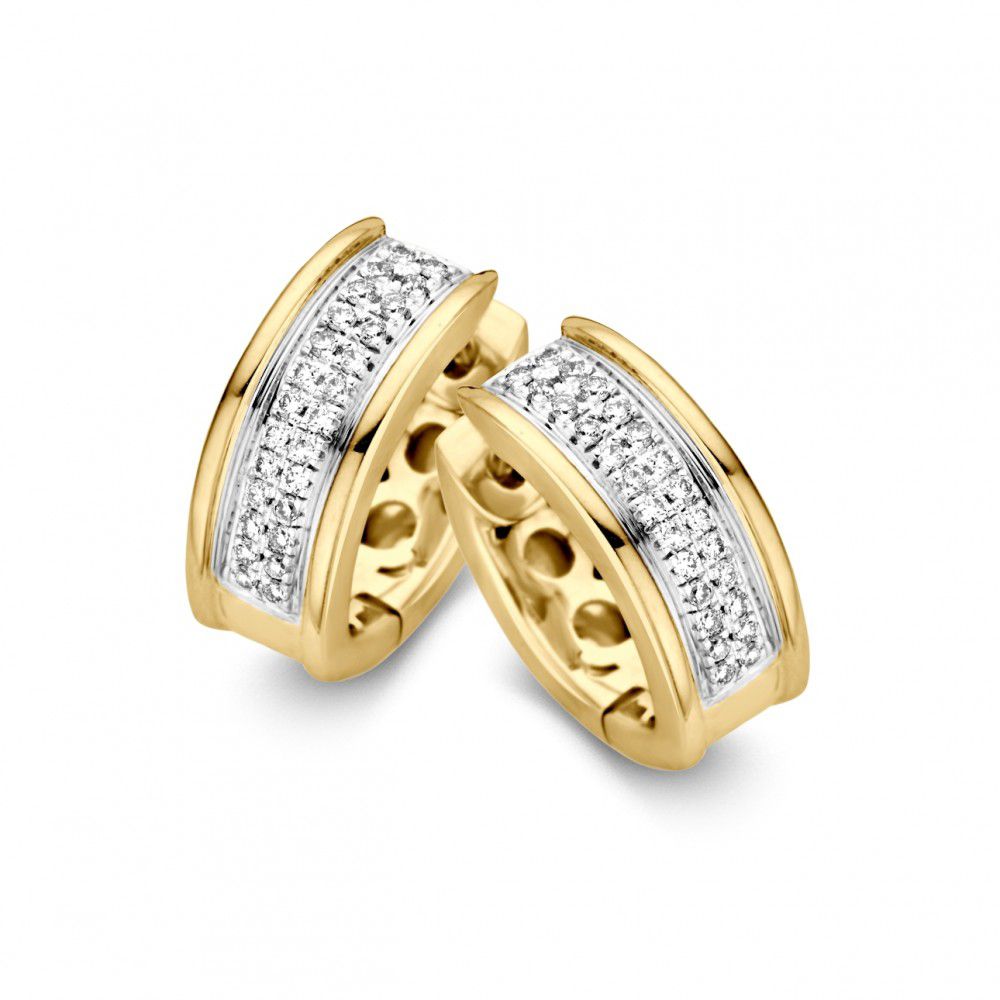 Pendientes bicolor de oro amarillo y blanco con diamantes, 14 quilates, 0.22 quilates de brillantes.