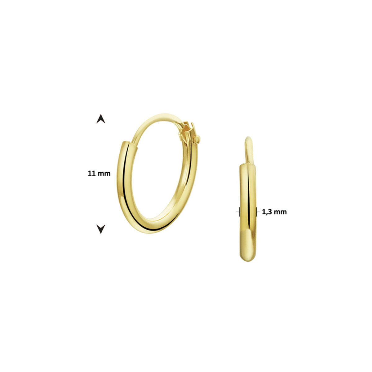 Van der Kooij Collectie oorringen ronde buis 1,3 mm 1 micron zilver verguld (geel), met een diameter van 11 mm, scharniersluiting en damesdesign, getoond in voor- en zijaanzicht op een witte achtergrond.