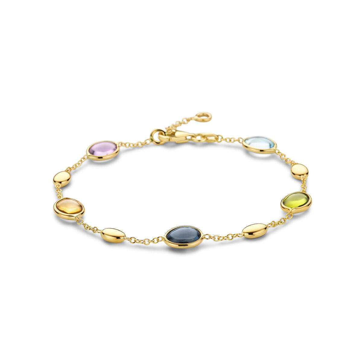 Pulsera dorada de 14K con piedras naturales de colores en forma ovalada.