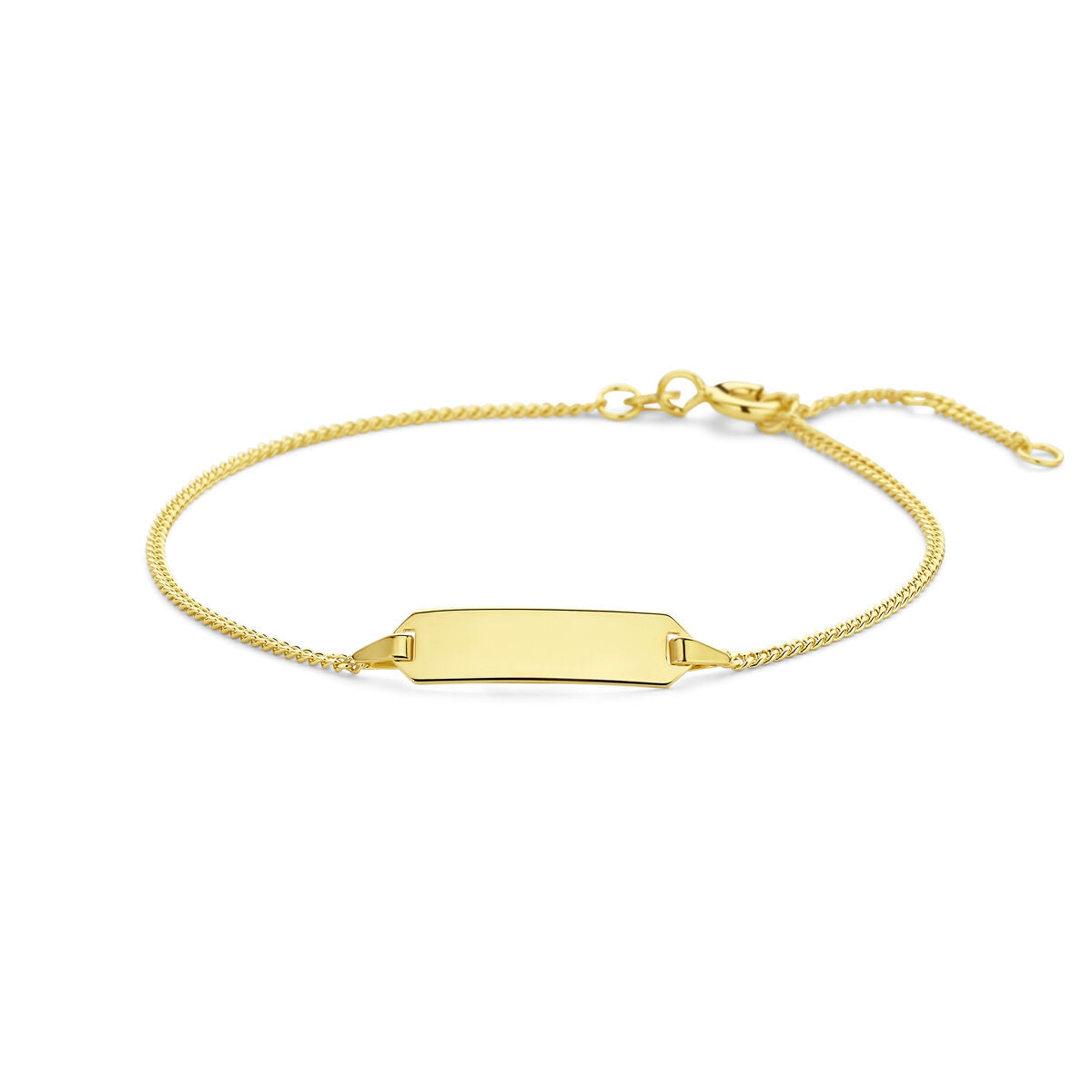 Pulsera de 14K en oro amarillo con placa grabable, cadena delgada y cierre de langosta.