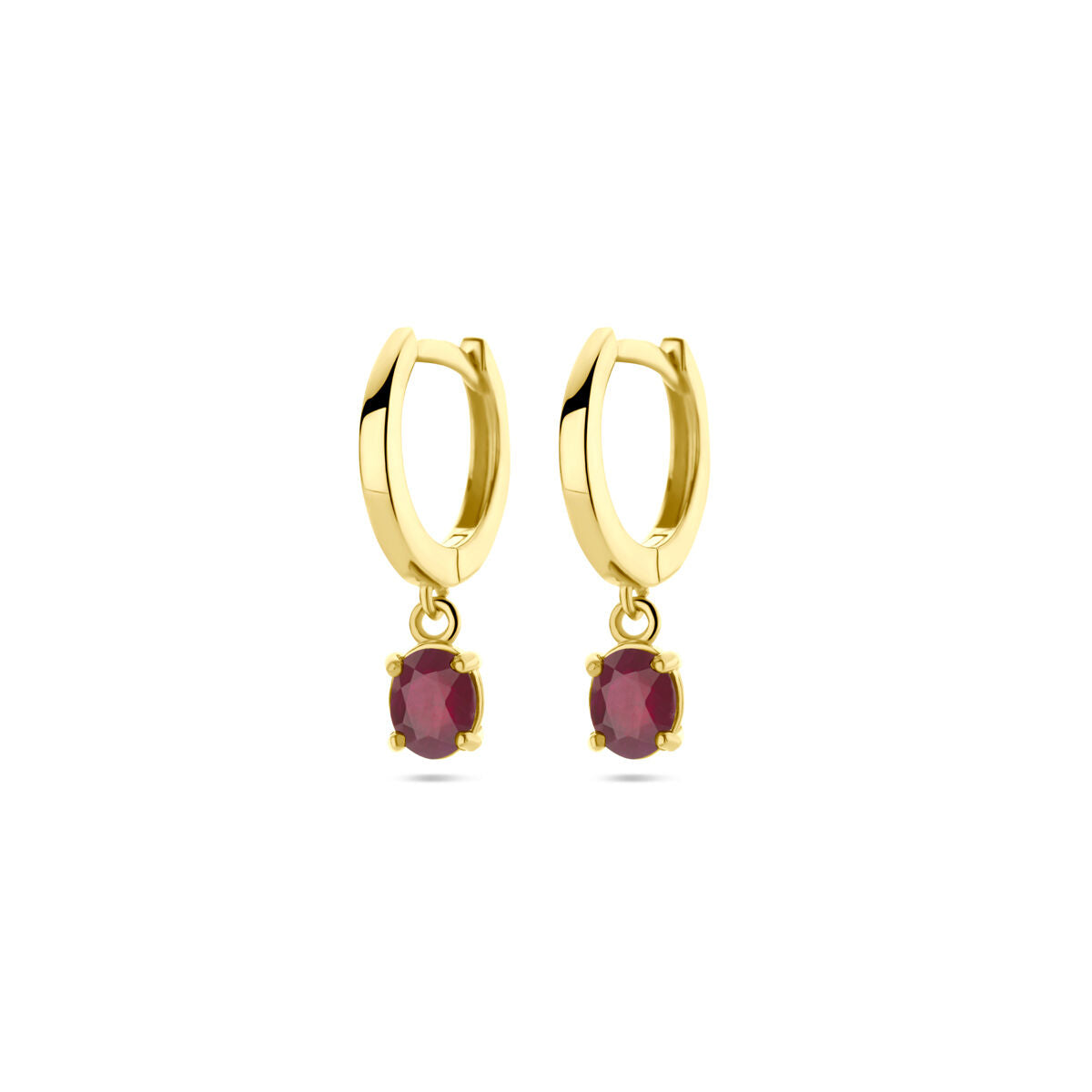 Pendientes de aro de oro amarillo de 14K con rubíes colgantes de 19 mm.
