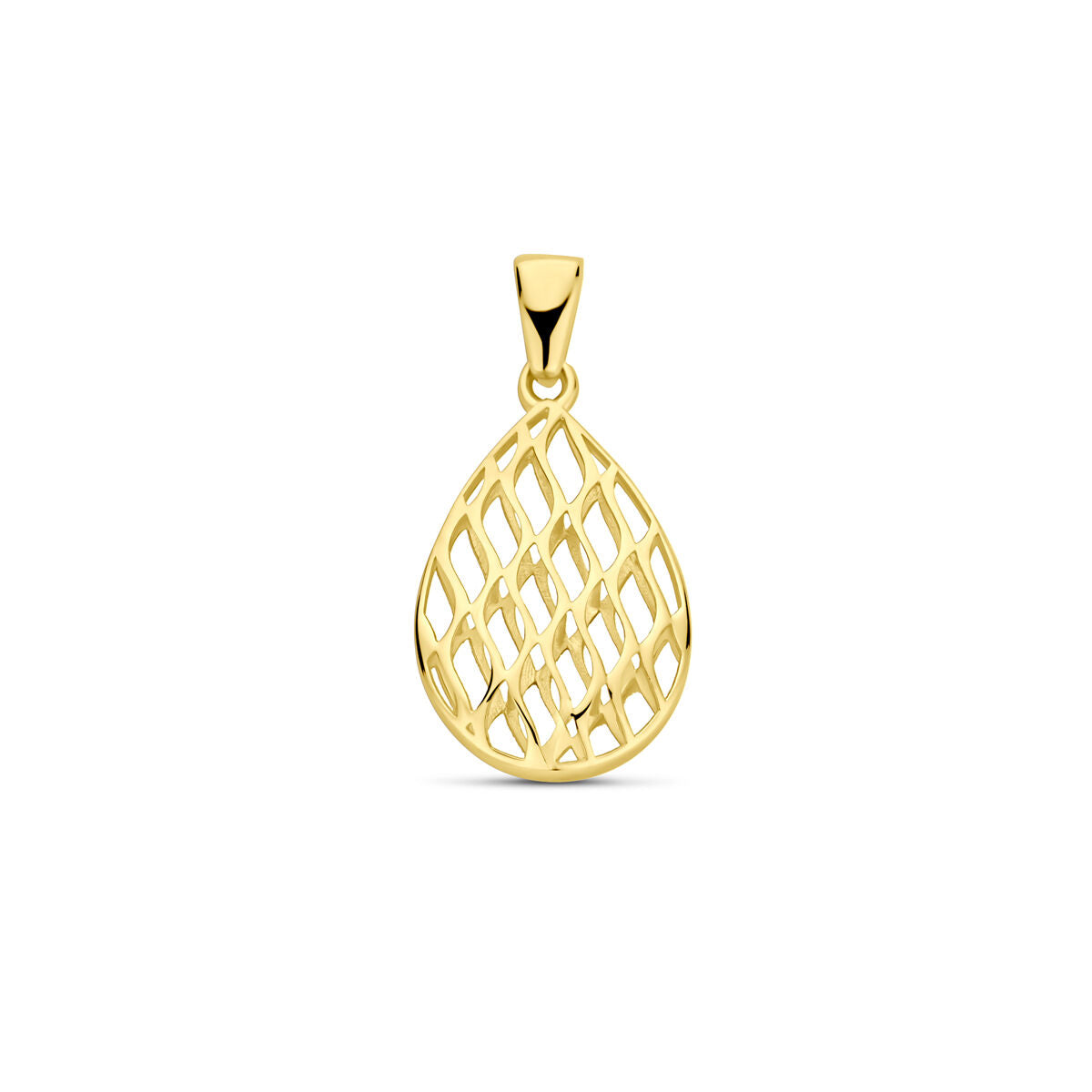 Colgante de oro amarillo de 14k en forma de gota con diseño de rejilla, mide 24x12mm.