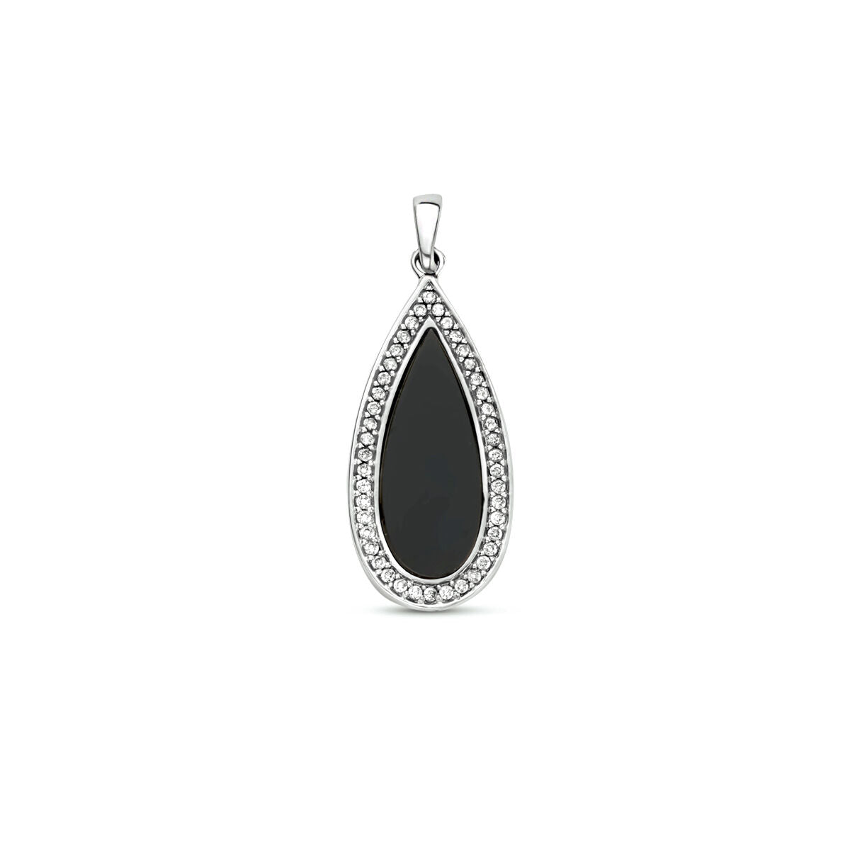Colgante de ónix en forma de gota, rodeado de circonitas, con acabado en plata rodiada.