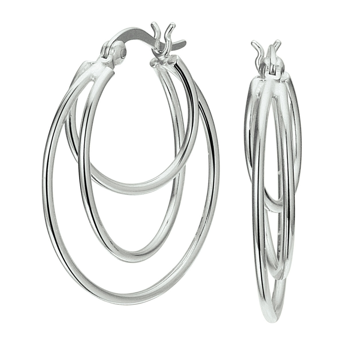 Aros de plata rodiada con diseño de tres círculos entrelazados.