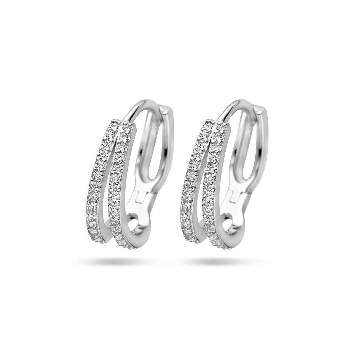 Pendientes de aro de plata rhodium con circonitas brillantes en dos filas.