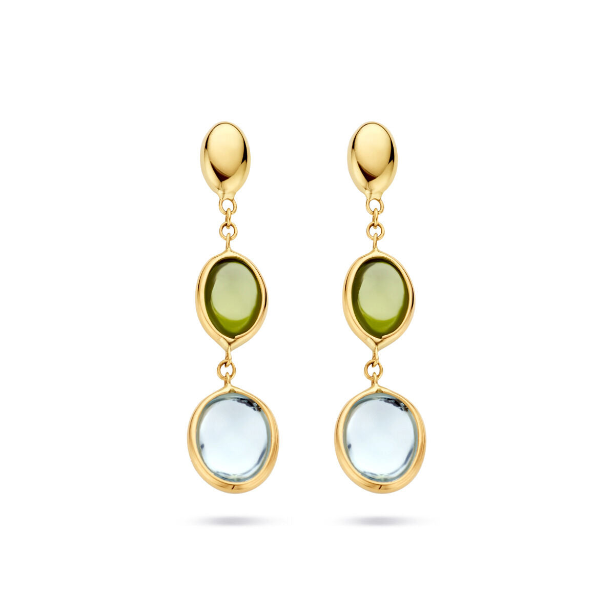 Pendientes largos de topacio azul y peridoto en oro amarillo de 14K.