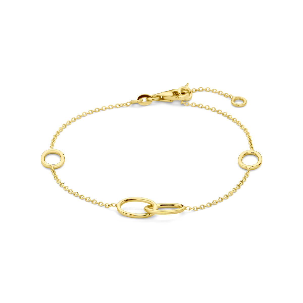 Pulsera dorada de 14K con eslabones ovalados y detalles en forma de círculo.