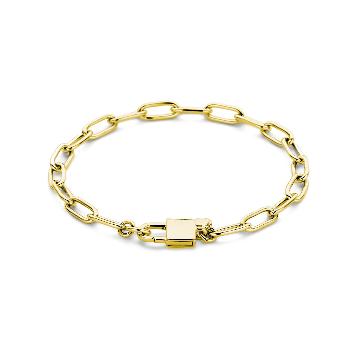Pulsera de eslabones tipo paperclip en plata dorada de 3 micrones con cierre en forma de candado.