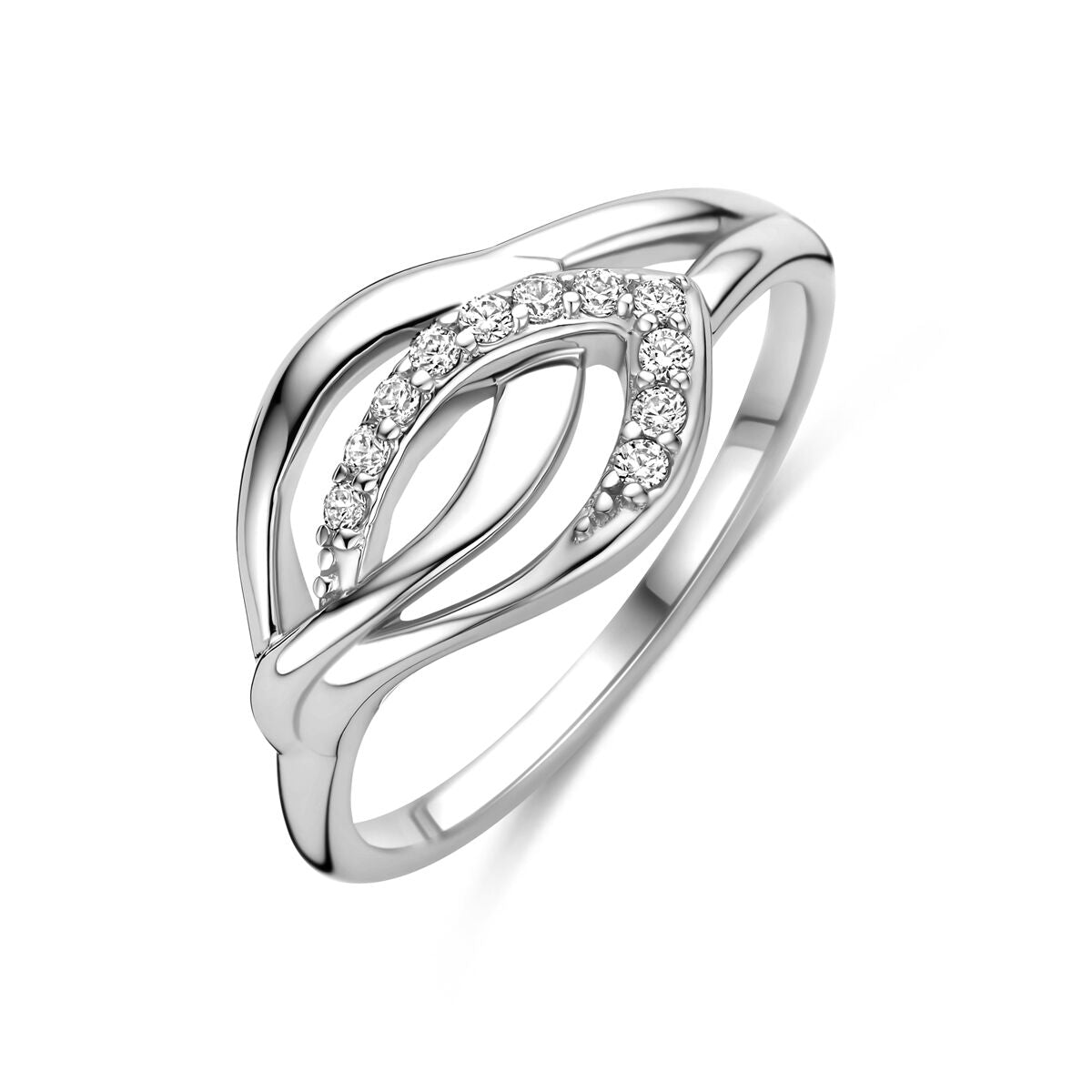 Anillo de plata para dama de 10 mm de ancho con diseño de hojas y circonitas brillantes.