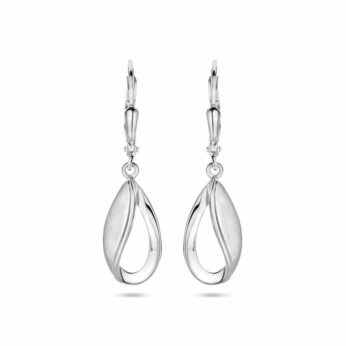 Pendientes largos de plata rodiada con forma de gota, acabado pulido y mate, de 33 mm.