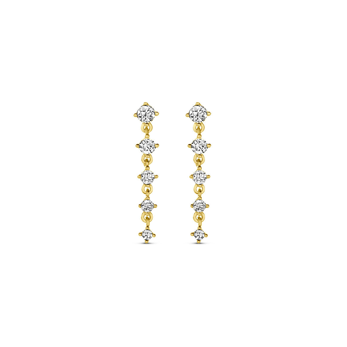 Pendientes largos de zirconia en oro amarillo de 14K, con un diseño de tres piedras brillantes.