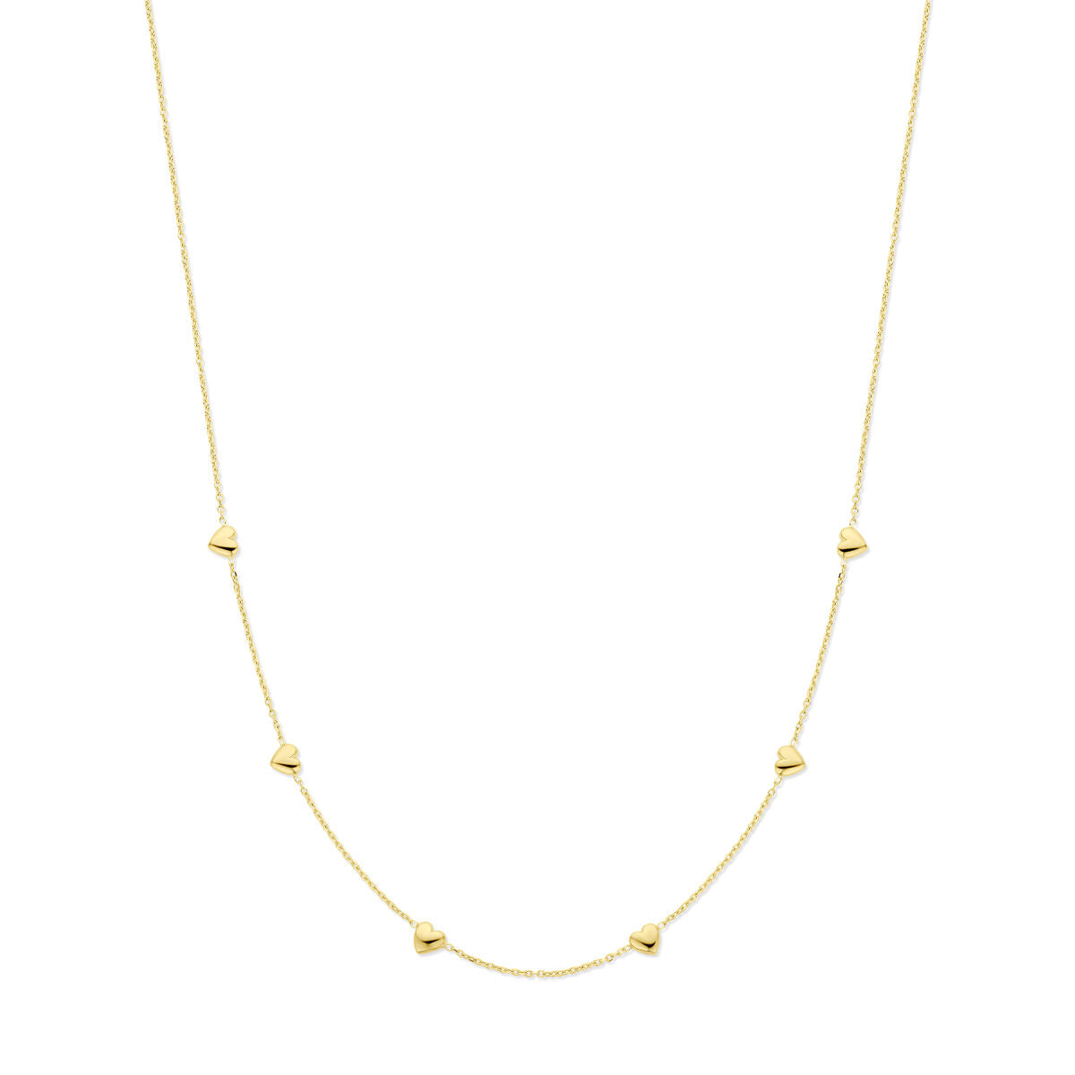 Collar de corazones en plata dorada de 3 micrones, con longitud de 41 + 4 cm.