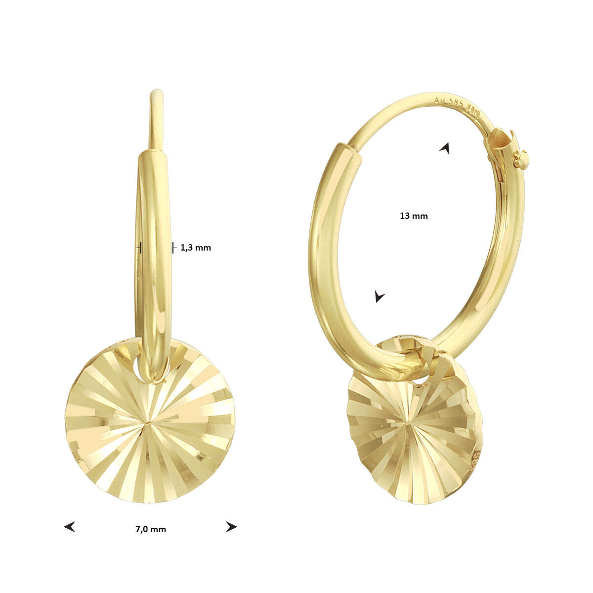 aros redondos diamantados en oro amarillo de 14K