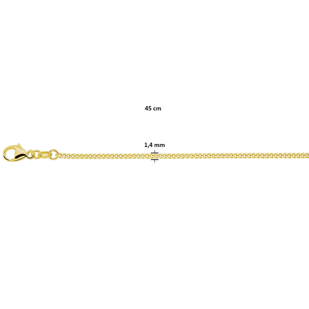 Een close-up van de Goudkleurige heren ketting gourmette (1,4 mm zilver verguld, 45 cm) van Juwelier van der Kooij, voorzien van een karabijnsluiting en weergegeven tegen een witte achtergrond.