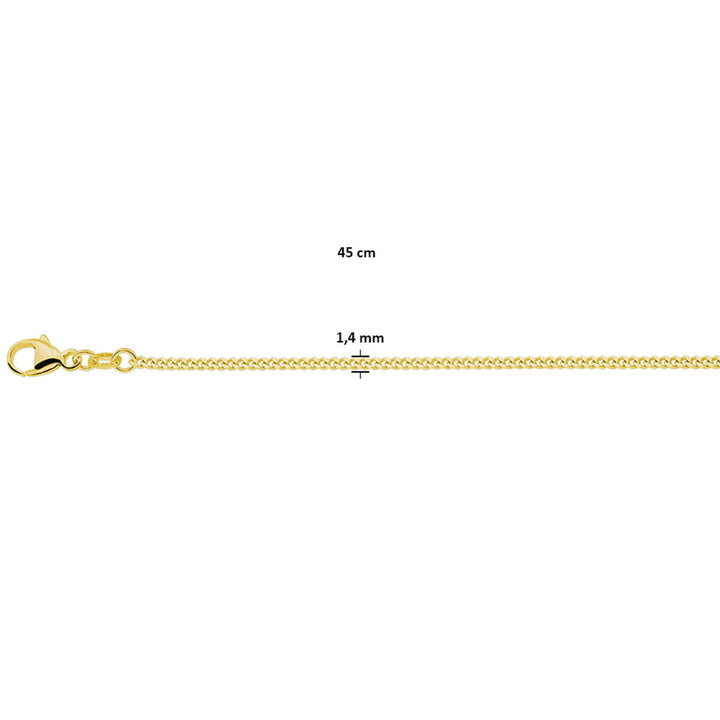 Een close-up van de Goudkleurige heren ketting gourmette (1,4 mm zilver verguld, 45 cm) van Juwelier van der Kooij, voorzien van een karabijnsluiting en weergegeven tegen een witte achtergrond.