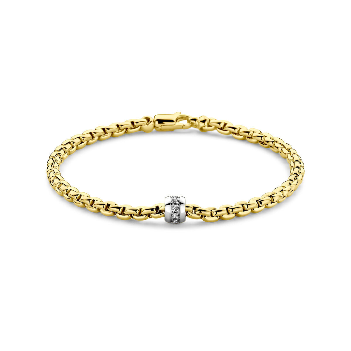 Pulsera de oro amarillo de 14K con un diamante de 0.12 ct en el centro.