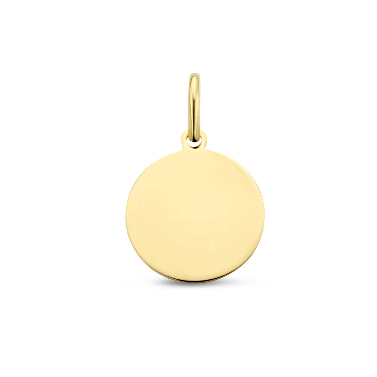 Colgante redondo de oro amarillo de 14 quilates, superficie lisa y brillante.
